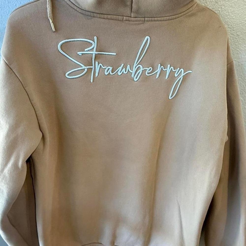 Strawberry‎ Milk Mob Hoodie Women Size Lg Tan Beige Embroidered Script Pullover